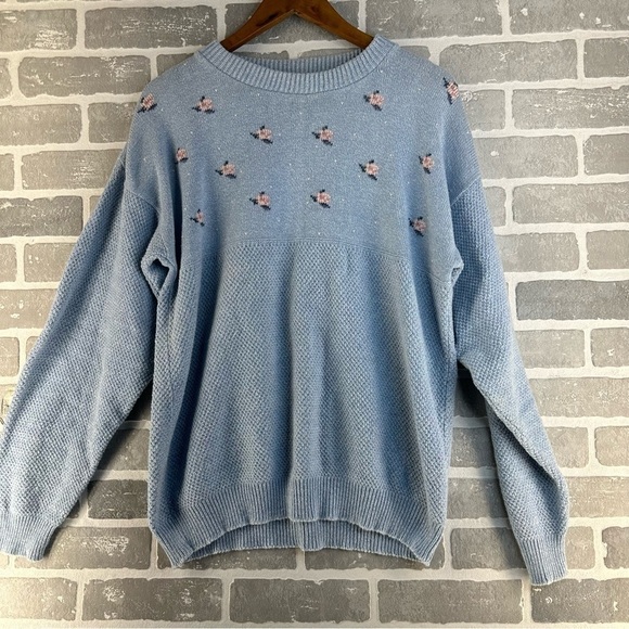 Vintage Sue Hillis Designs Duplicate stitch Blue Floral Crewneck Sweater Size M - Picture 1 of 5